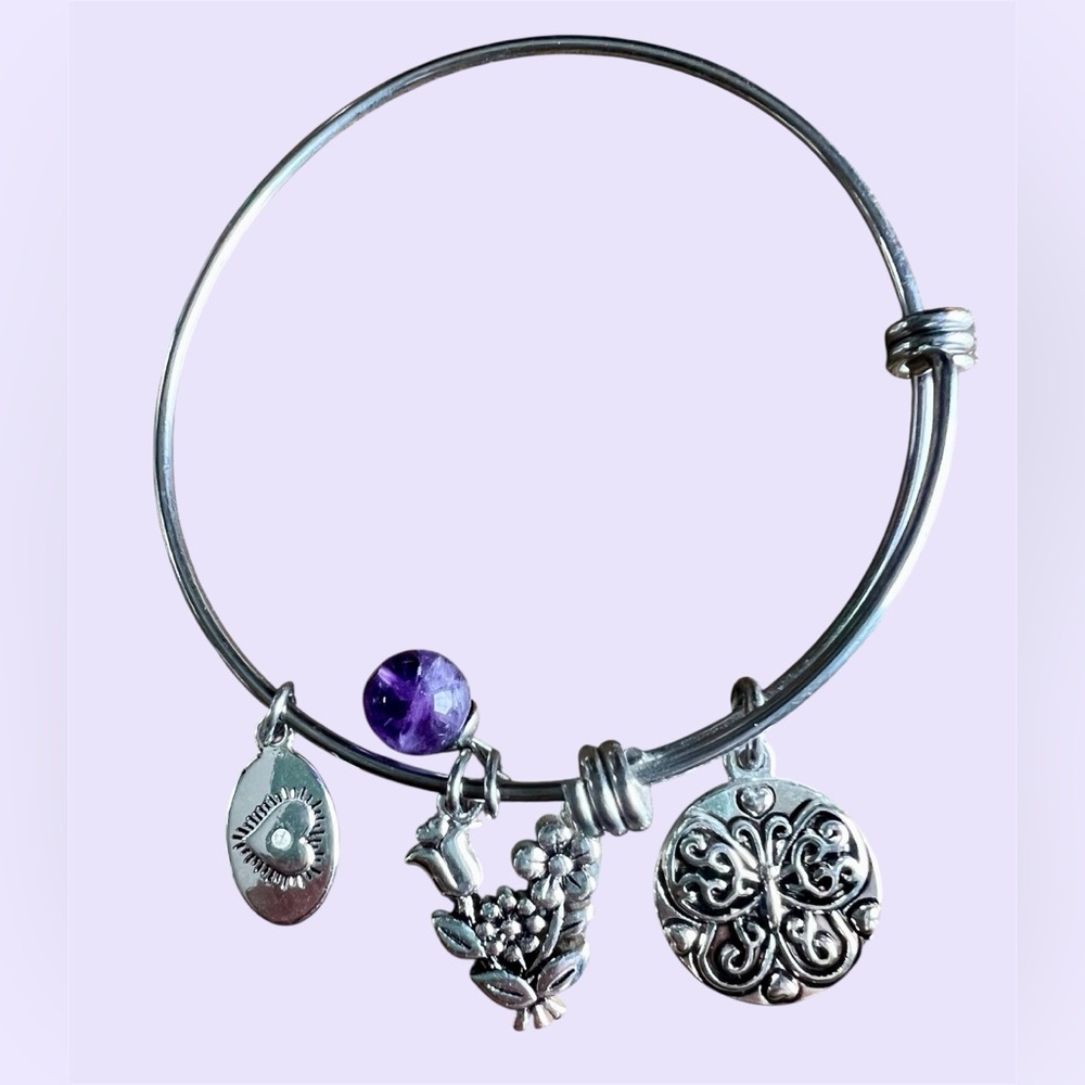 Silver Adjustable Charm Bracelet with Purple Accent Similar to Alex & Ani